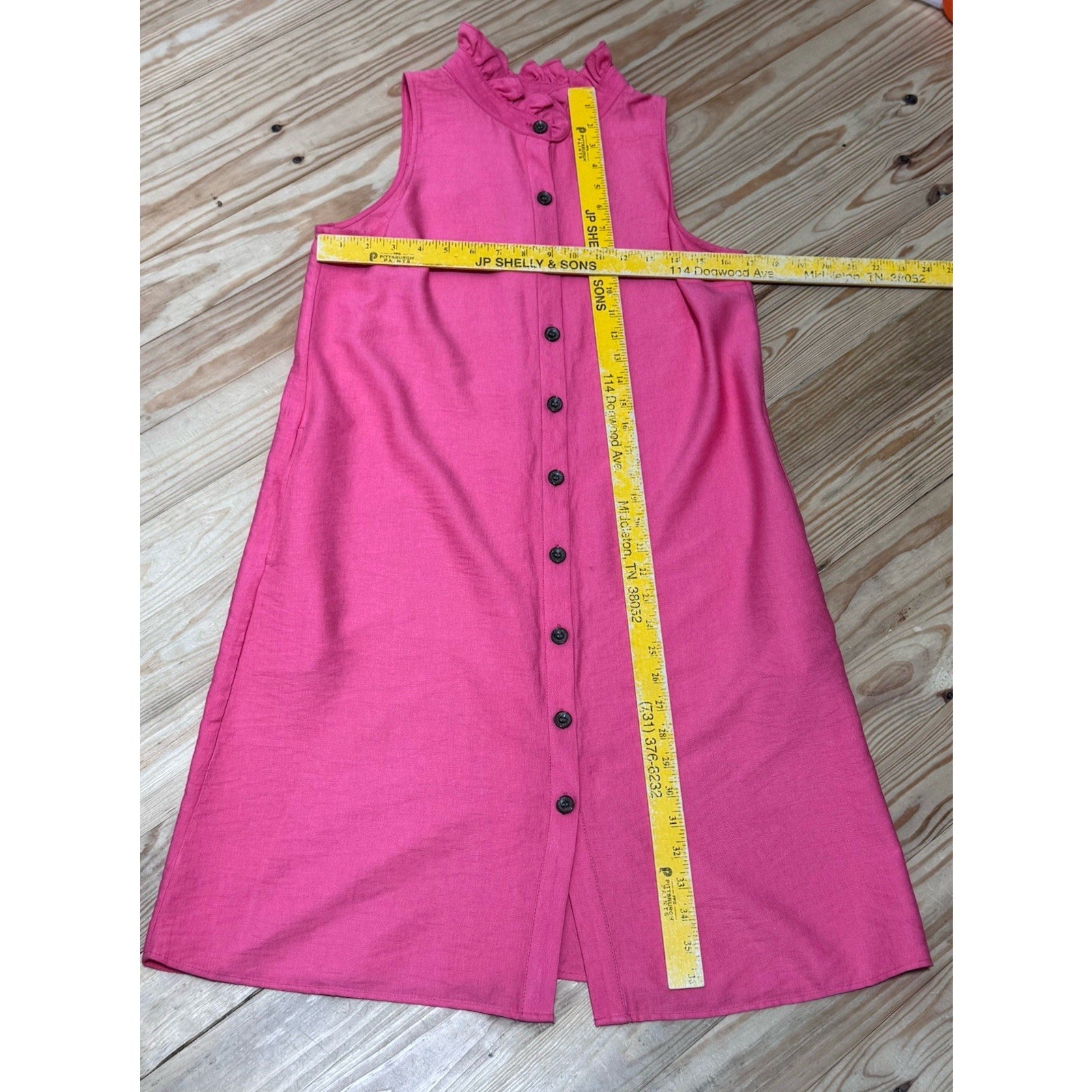 Boho Chic Button Back Pink Sheath Sleeveless Dress Ruffled Collar Women’s S