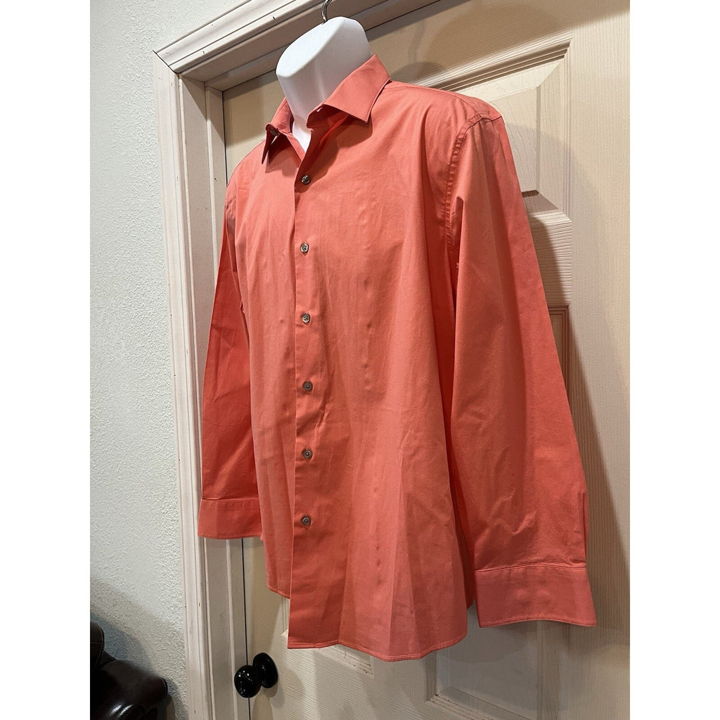 Alfani Solid Orange Button Up Stretch Barrel Cuff Men's Size Large 16.5 34/35
