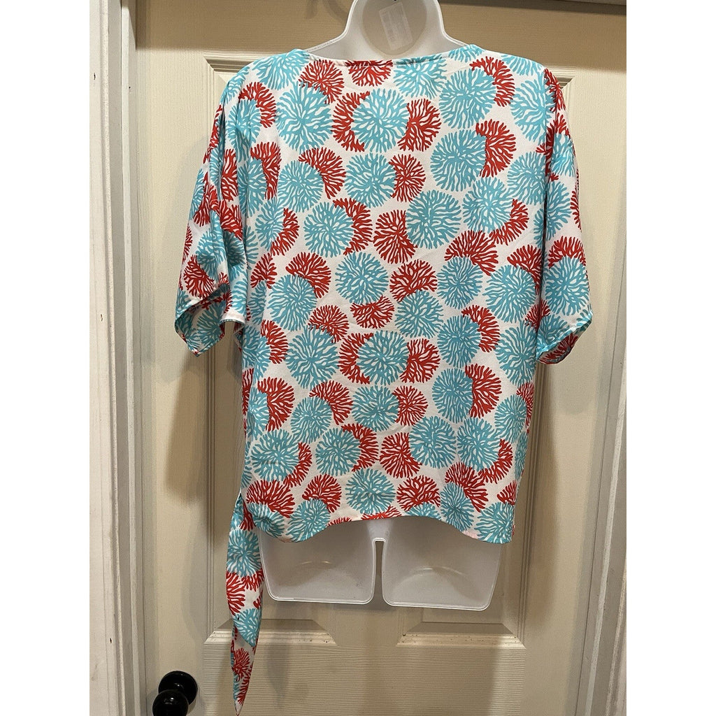 Michael Kors McKenna Top Short Sleeve Side Tie Coral Aqua Boat Neck Women's Smal