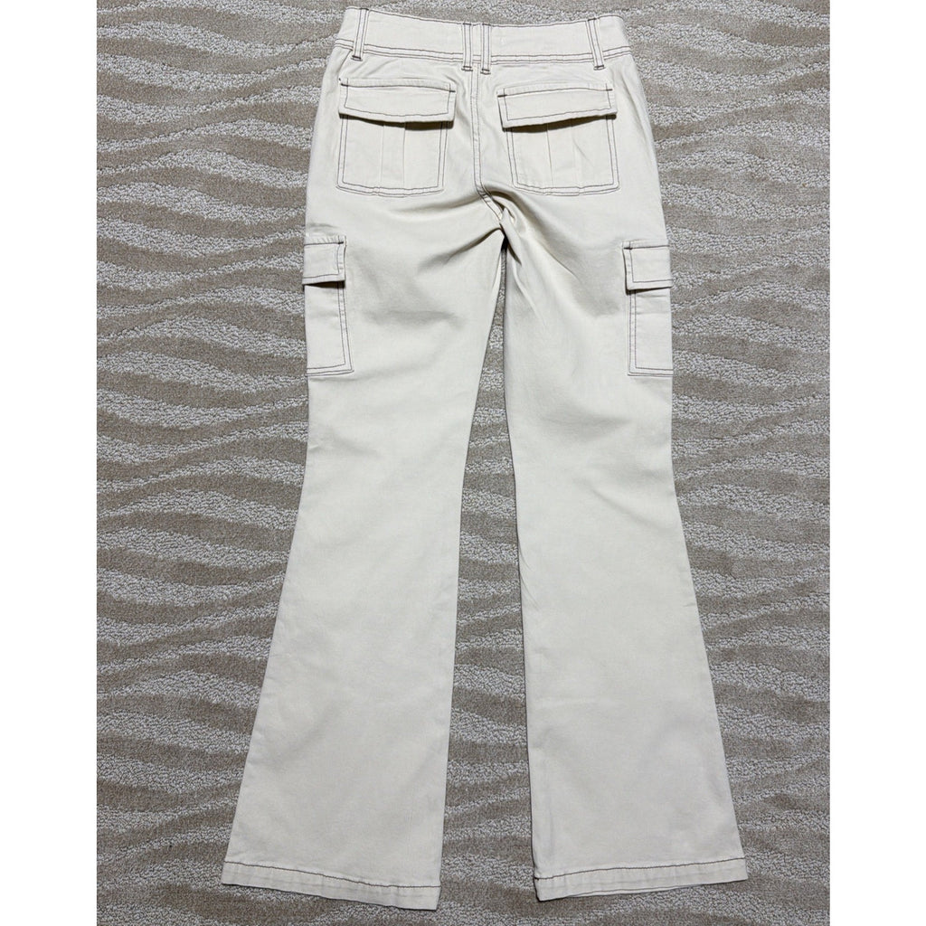 YMI Low Rise All Day Cargo Pants Biege Brown Contrast Stitch Flare Leg 1/25 NWT