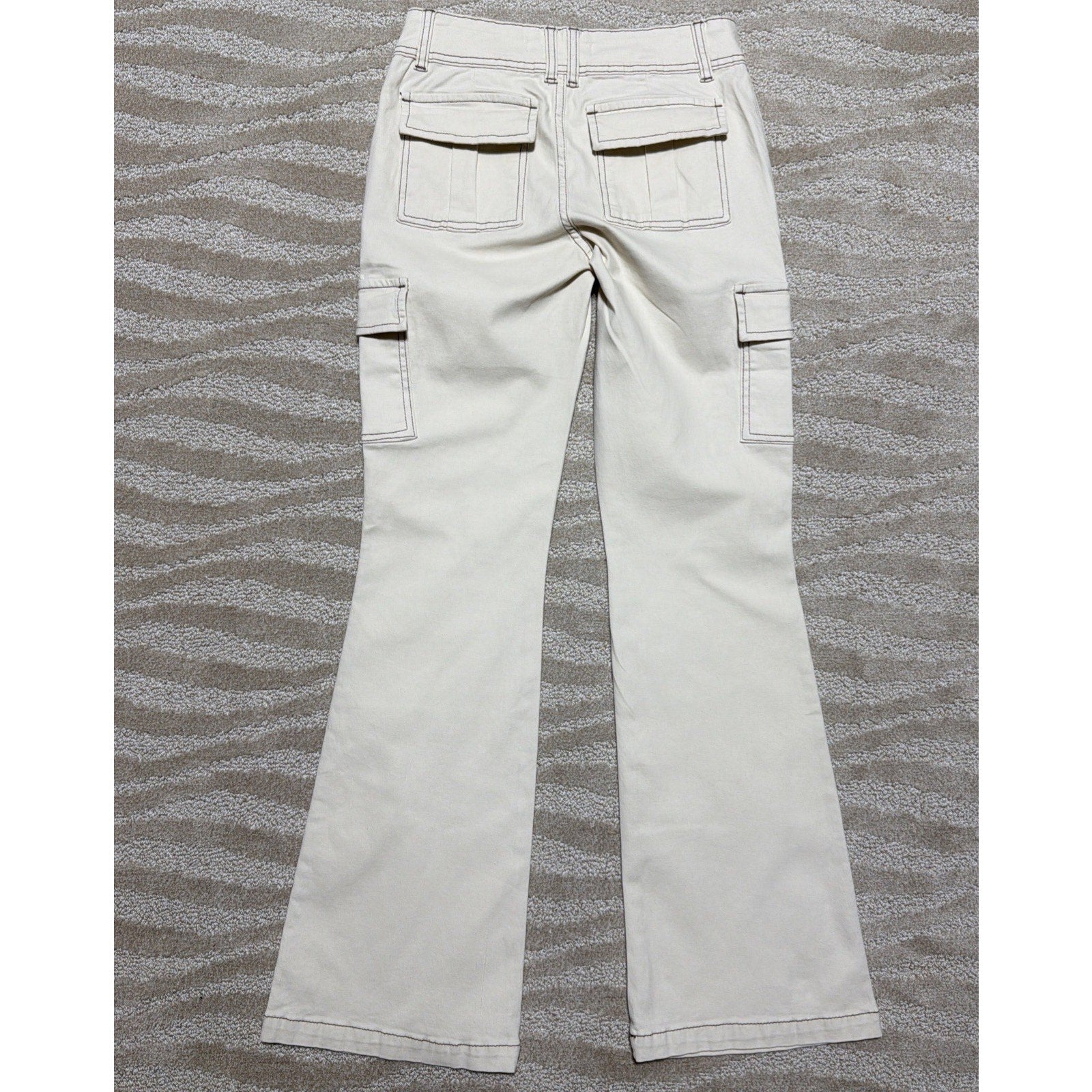YMI Low Rise All Day Cargo Pants Biege Brown Contrast Stitch Flare Leg 1/25 NWT