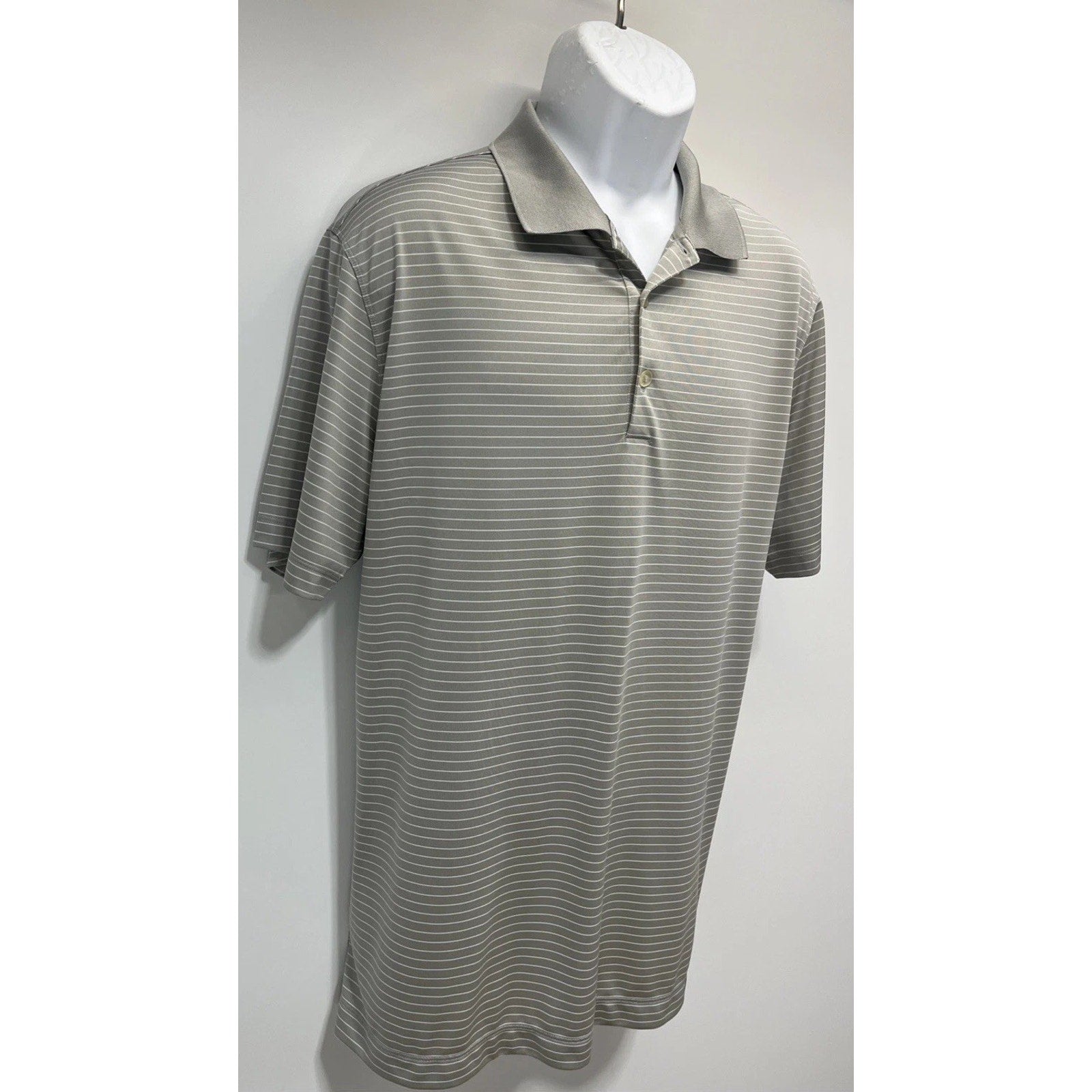 Nike Golf Shirt Mens Large Gray White Stripe Dri Fit Polo Tour Performance