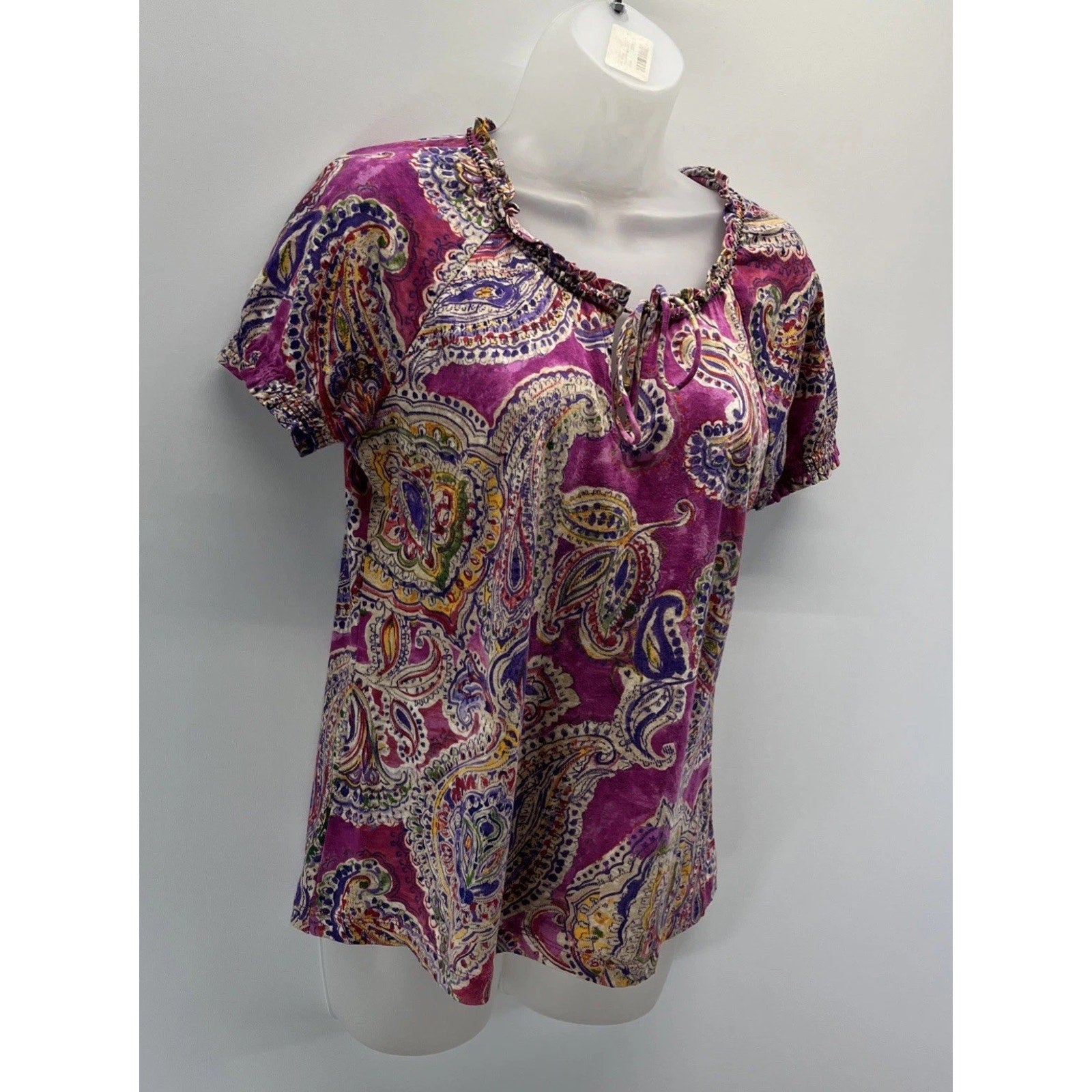 Lauren Ralph Lauren Small Top Blouse Purple Paisley Short Sleeve Tie Neck M