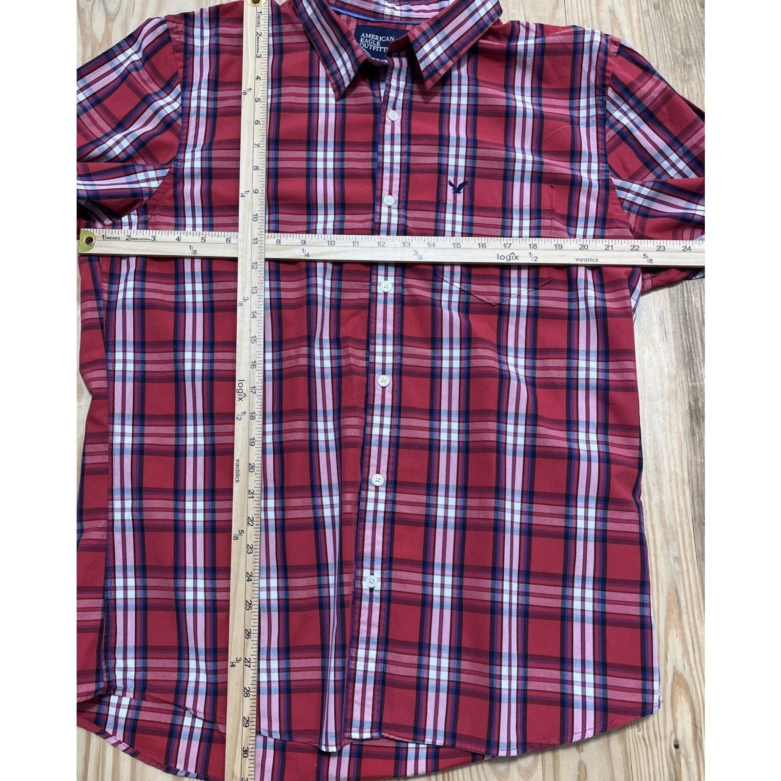 American Eagle Mens Vintage Fit Red Blue Plaid Long Sleeve Button Up Shirt Sz XL