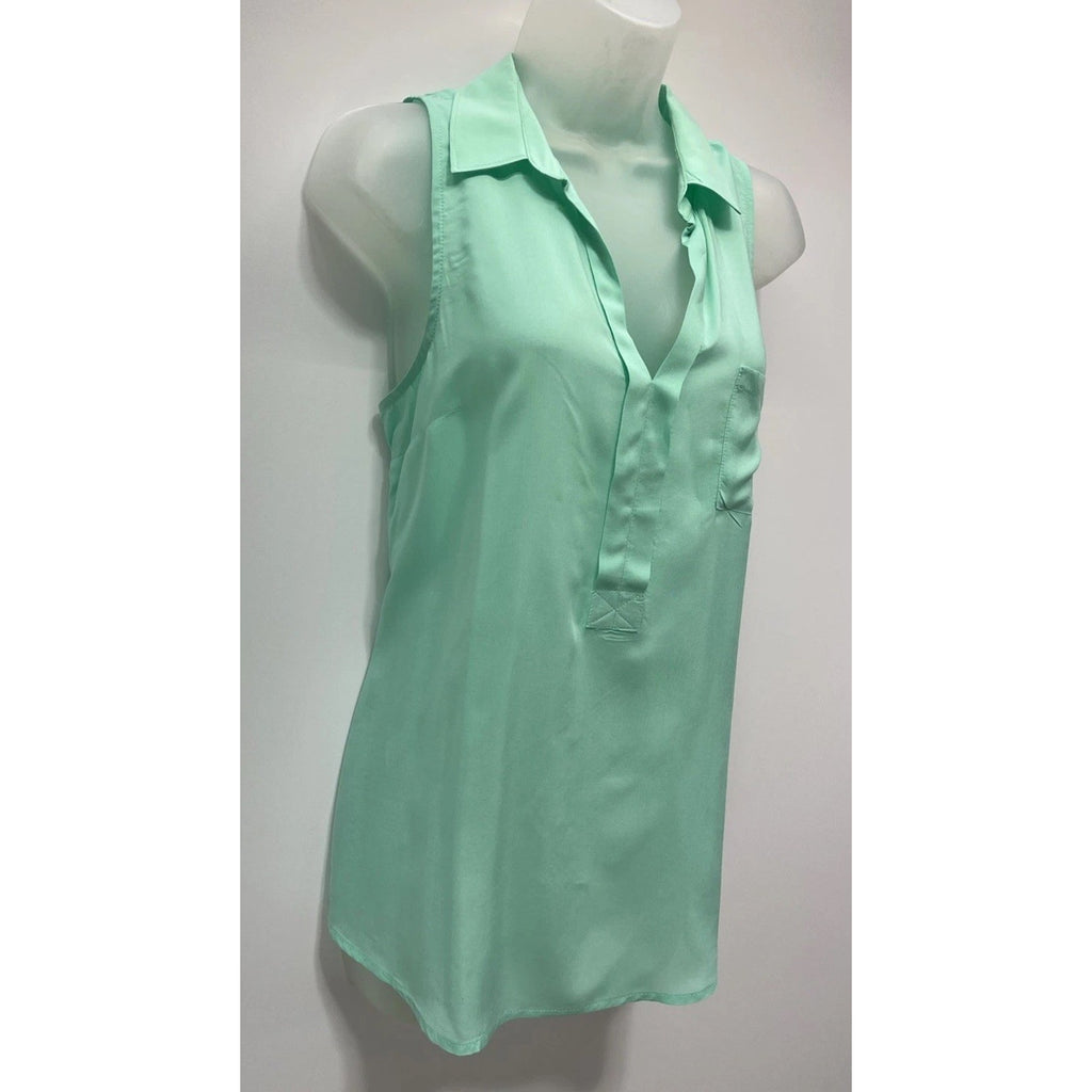 OLD NAVY SZ M 100% Rayon Aqua Bath Green Collared V-Neck Tank Top Blouse Shirt