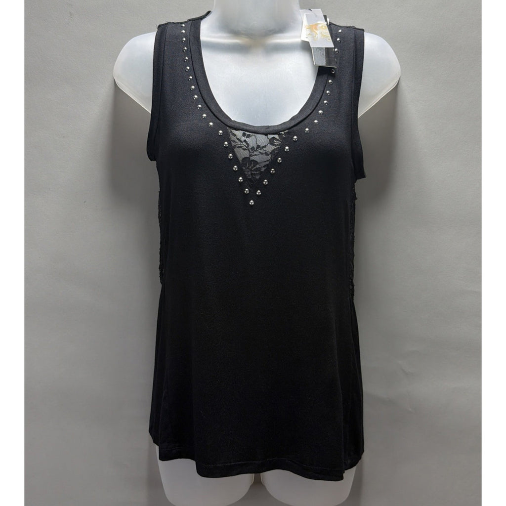 NWT Gold N Glam Black Studded Lace Tank Top Womens Small