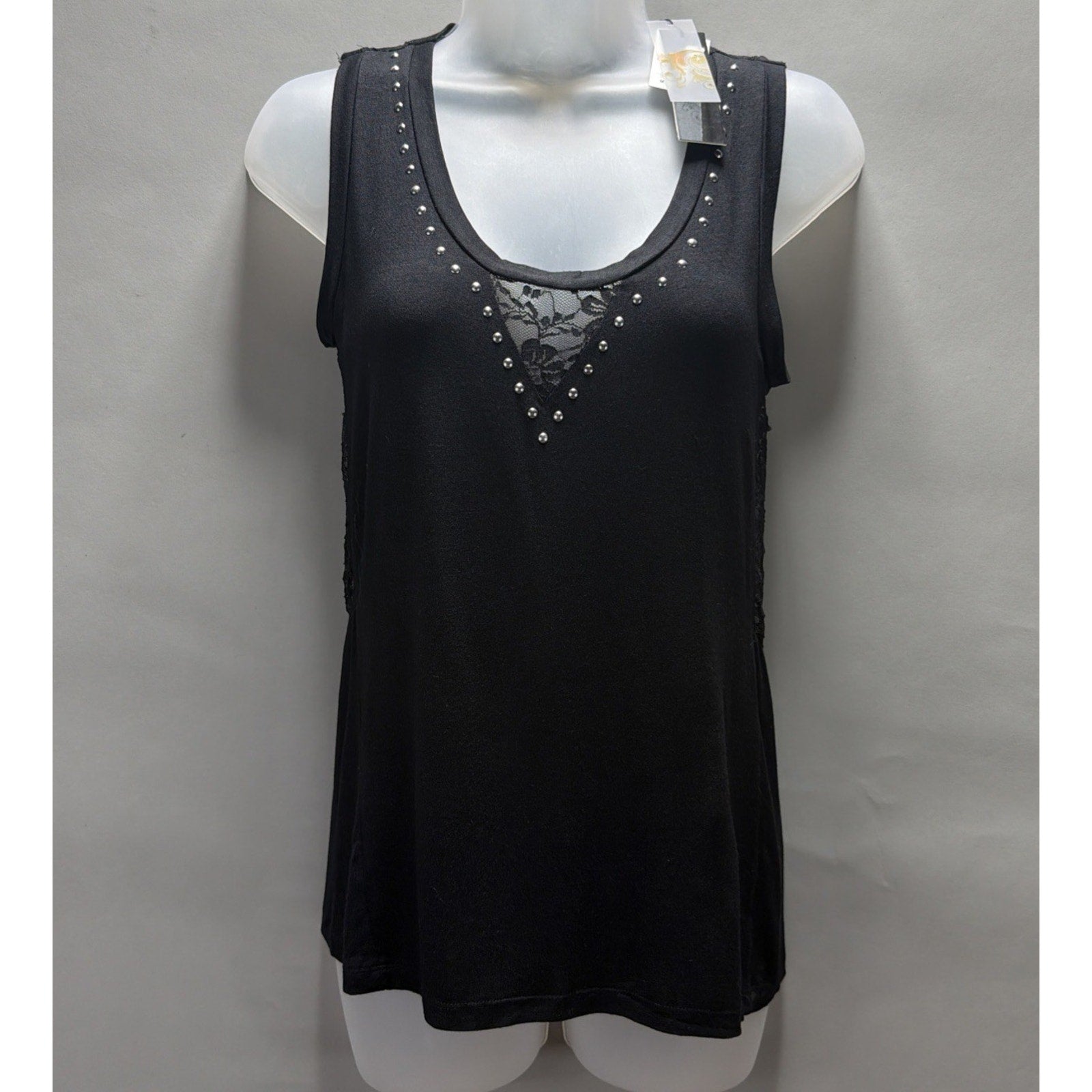 NWT Gold N Glam Black Studded Lace Tank Top Womens Small