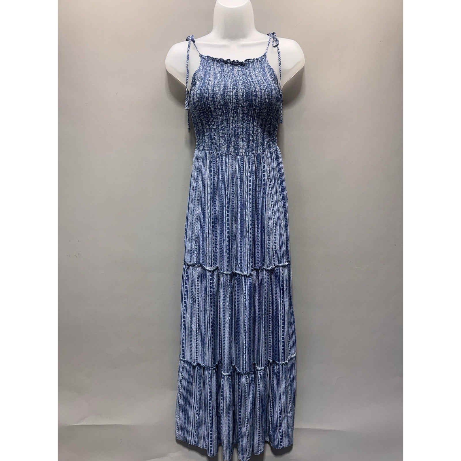 Wild Fable Blue White Tiered Maxi Dress Women Small Smocked Tie Strap Boho NWT