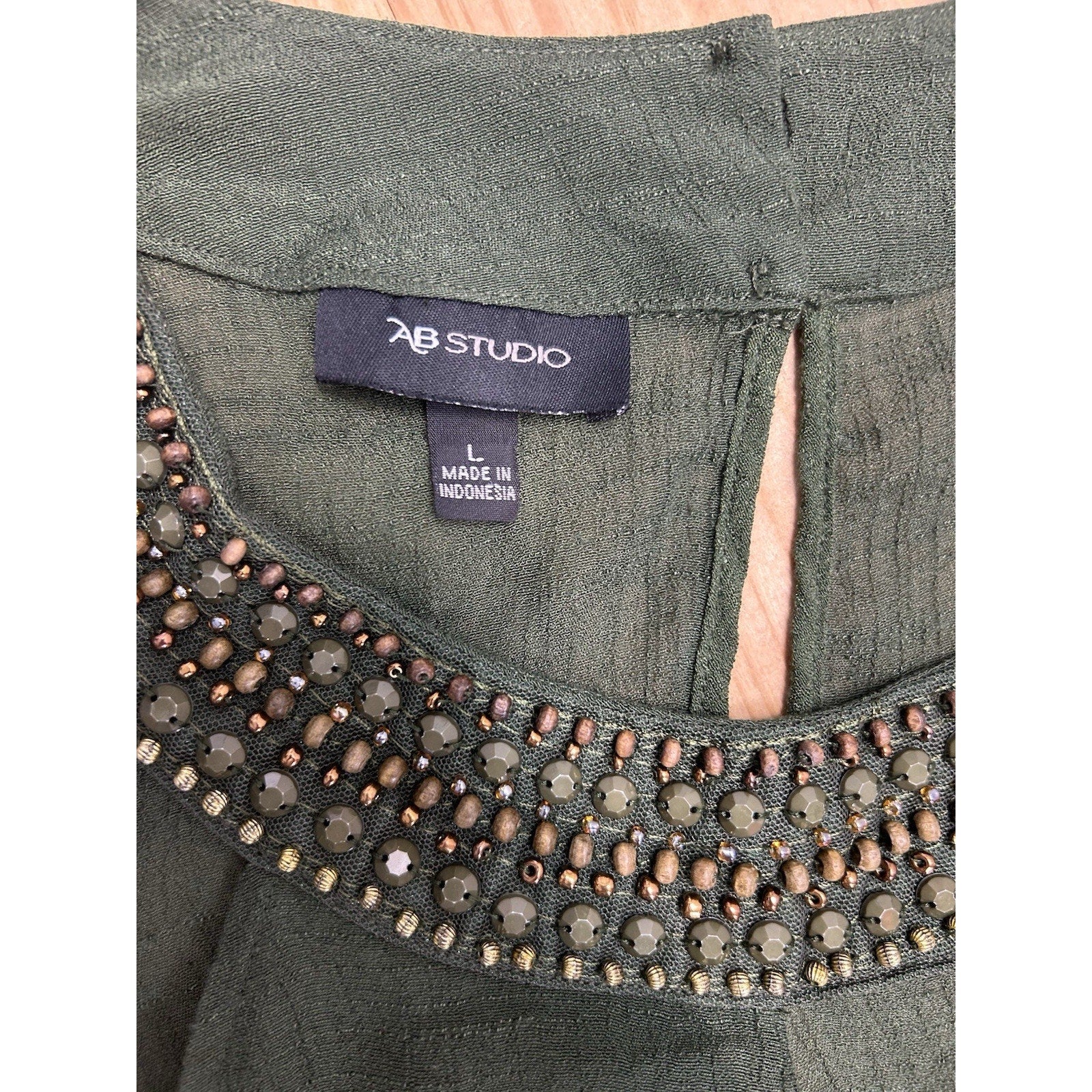 AB Studio Beaded Embellished Gauze Sleeveless Top Medium Asymmetrical Hem Green