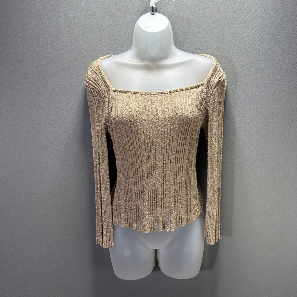 Vtg Copper Key Metallic Gold Long Sleeve Top Ribbed Fitted Size M Nylon Made USA