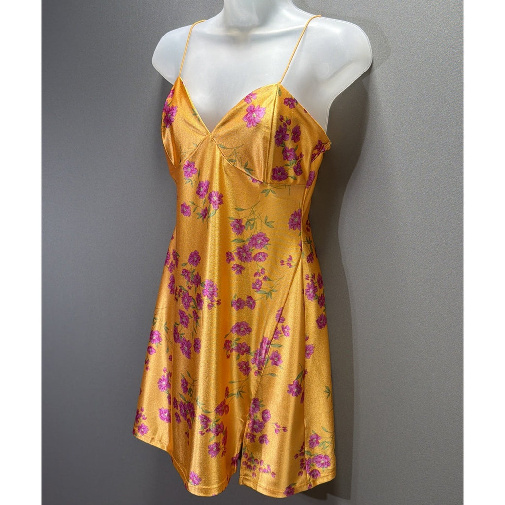 JOLIE & JOY Floral Satin Mini Dress Size M Marigold Yellow Ditsy Slip Dress Slit