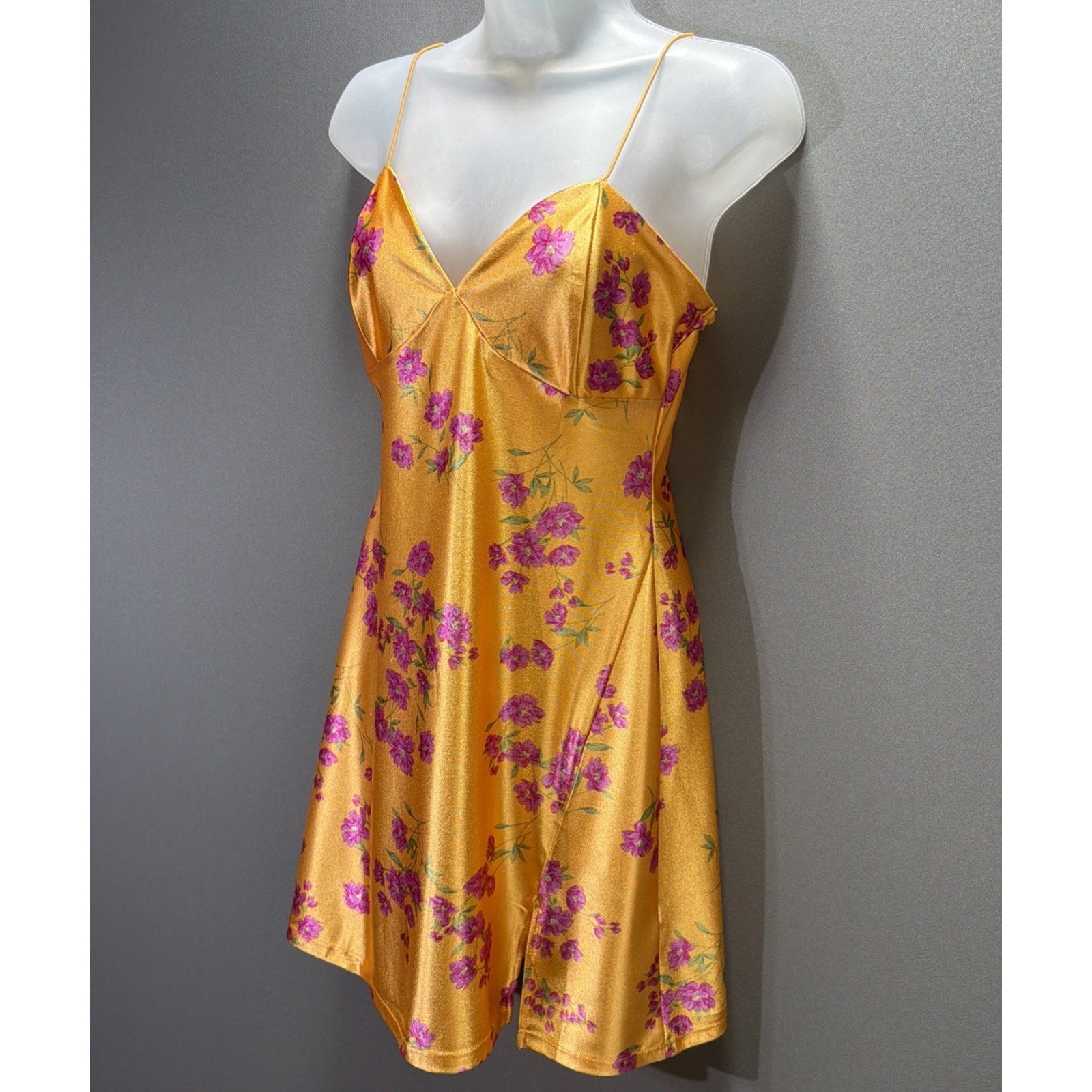 JOLIE & JOY Floral Satin Mini Dress Size M Marigold Yellow Ditsy Slip Dress Slit