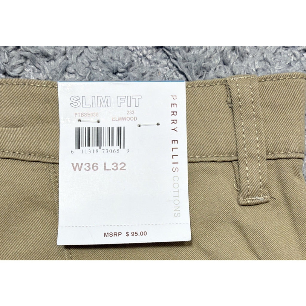 New Perry Ellis Pants Mens 36x32 Tan Slim Fit Flat Front Trousers
