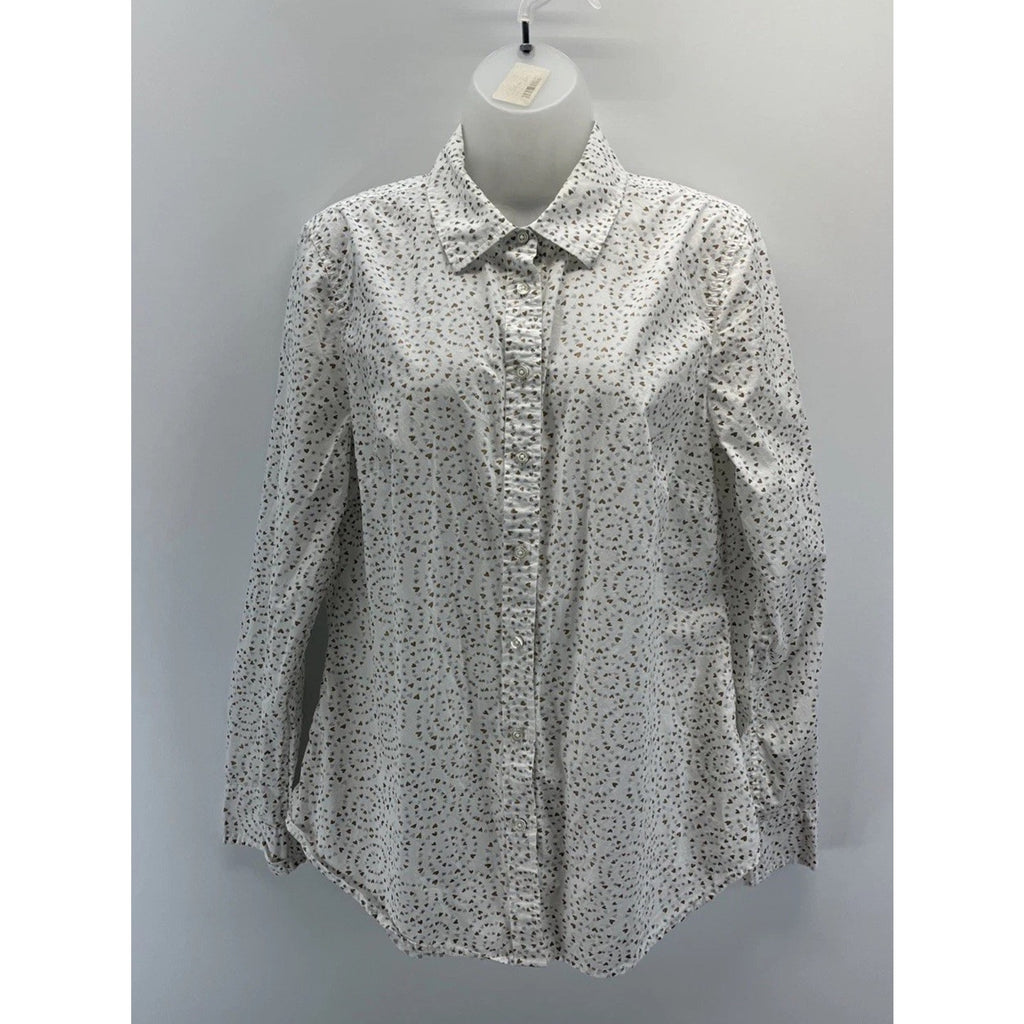 Talbots White W Hearts Lightweight Long Sleeve Button Up Blouse Size Medium