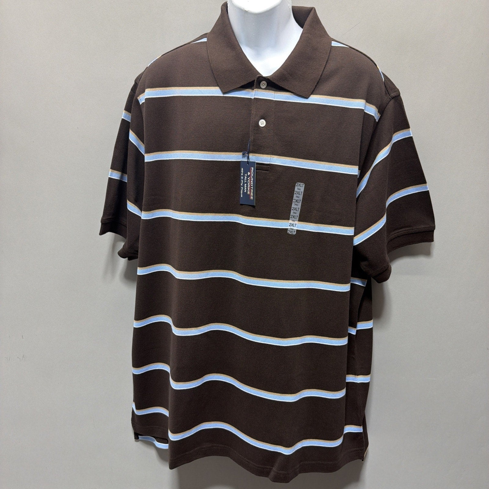 Roundtree & Yorke 40's 2-Ply Pique Short Sleeve Polo NWT Brown Stripe Men's 2XLT