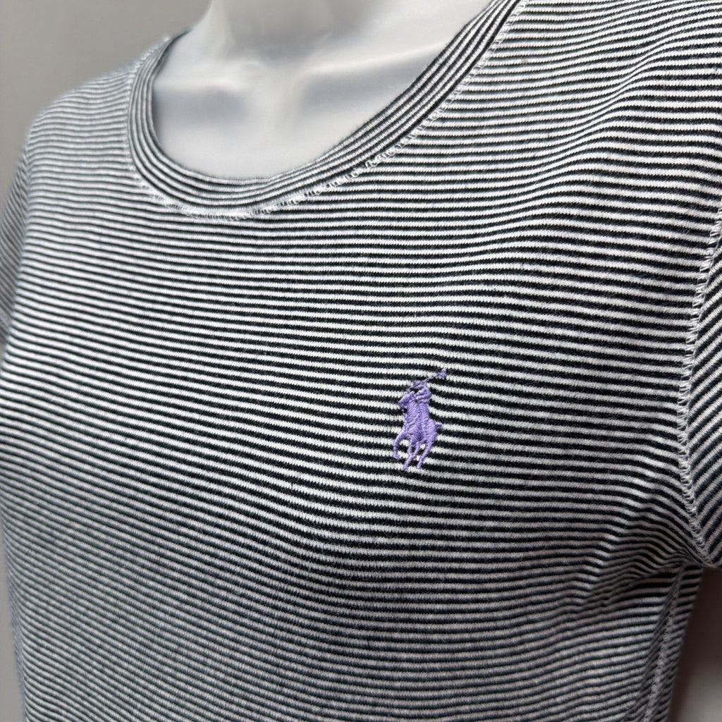 Ralph Lauren Sport Shirt Womens M Black/White Striped Short Sleeve Pullover
