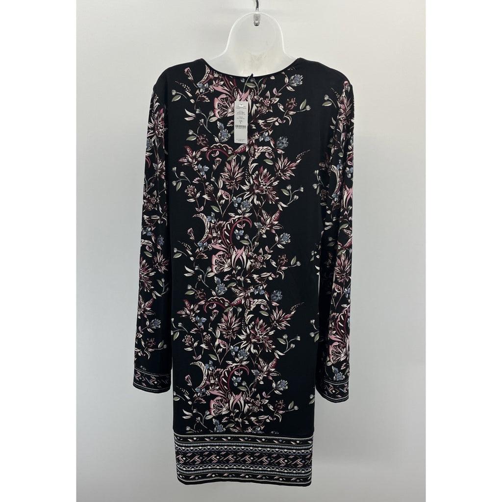 White House Black Market LS Floral Shift Dress L Embroidered V Neck Jersey Black