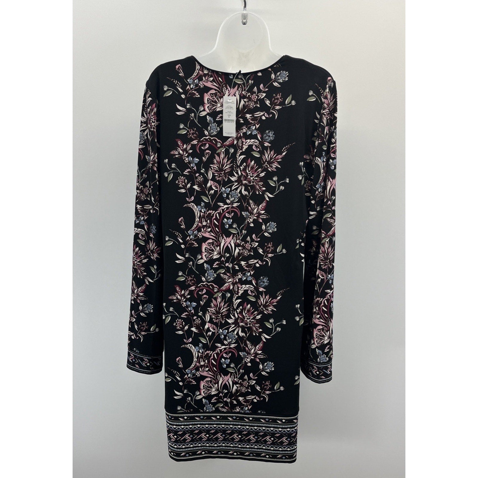 White House Black Market LS Floral Shift Dress L Embroidered V Neck Jersey Black