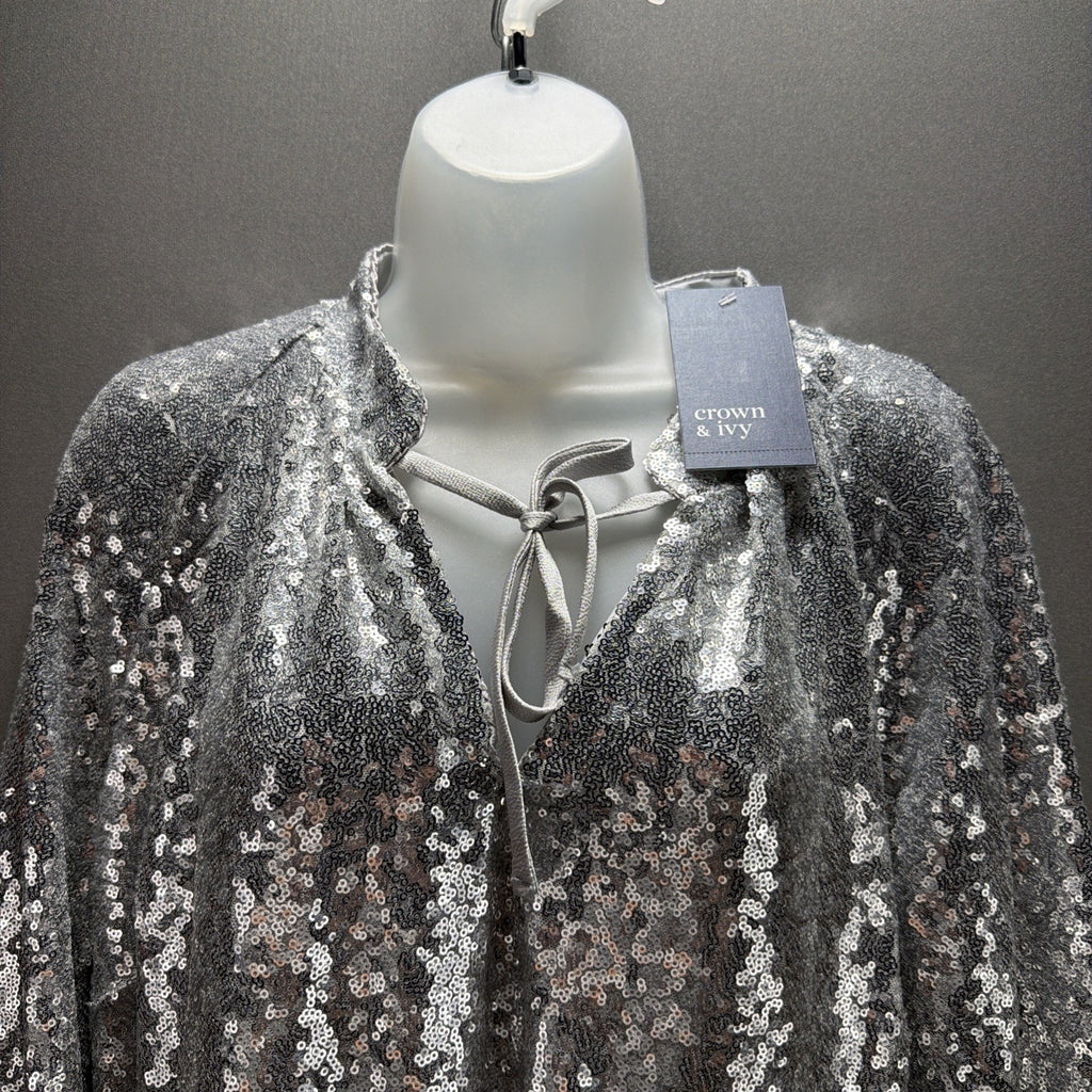 Crown & Ivy Silver Sequin Blouse 1X Lined Stretch Top Balloon Sleeve Sparkle NWT