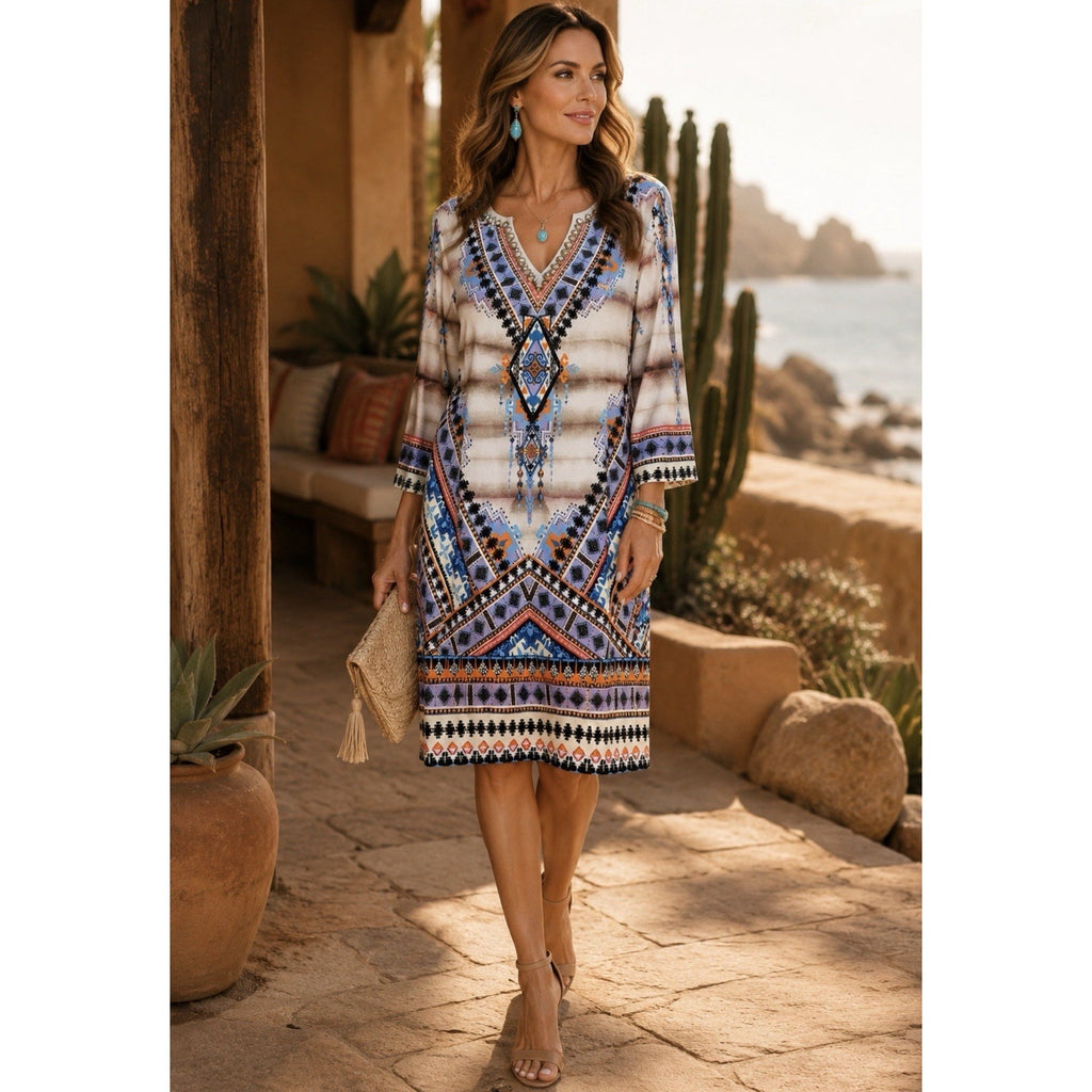 Hale Bob V-Neck Long Sleeve Dress Stretch Knee Length Beaded Multicolor Large