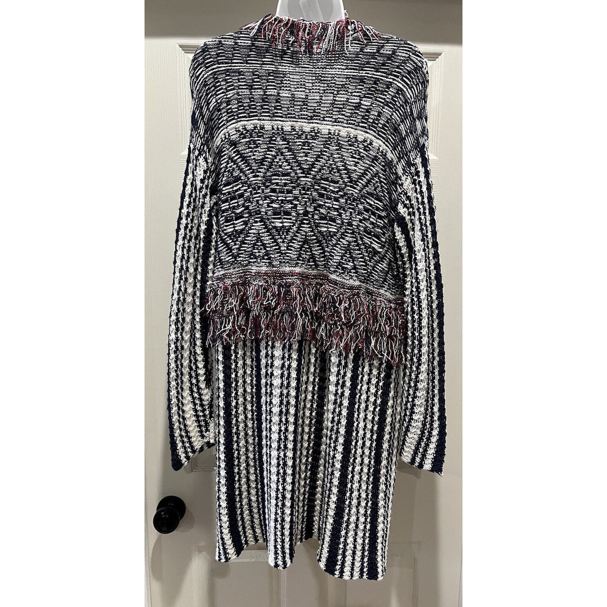 Women New Directions Blue, Red & White Open Front Sweater Cardigan Size L