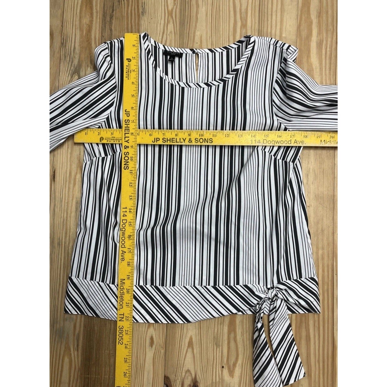 Talbots Tie Side Blouse Petite Size Small White Black Stripe Long Sleeve *