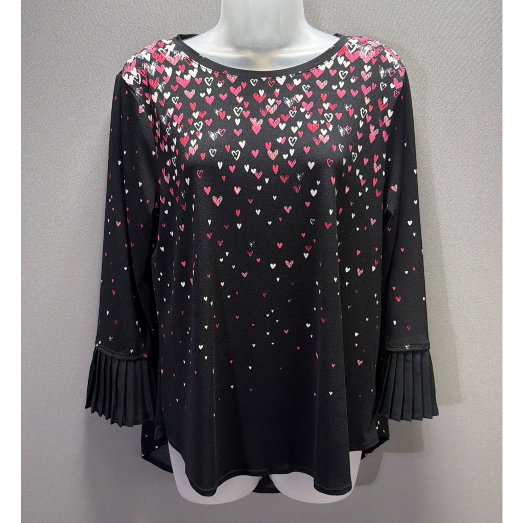 Elle Women's Blaxk Heart Print Scoop Neck 3/4 Bell Sleeve Blouse L Stretch NWT