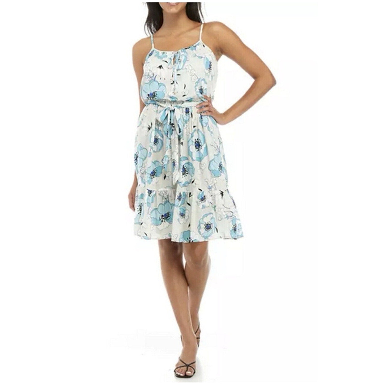 Calvin Klein Women’s Floral Sleeveless Dress Size 10 Blue White Tiered Tie Neck