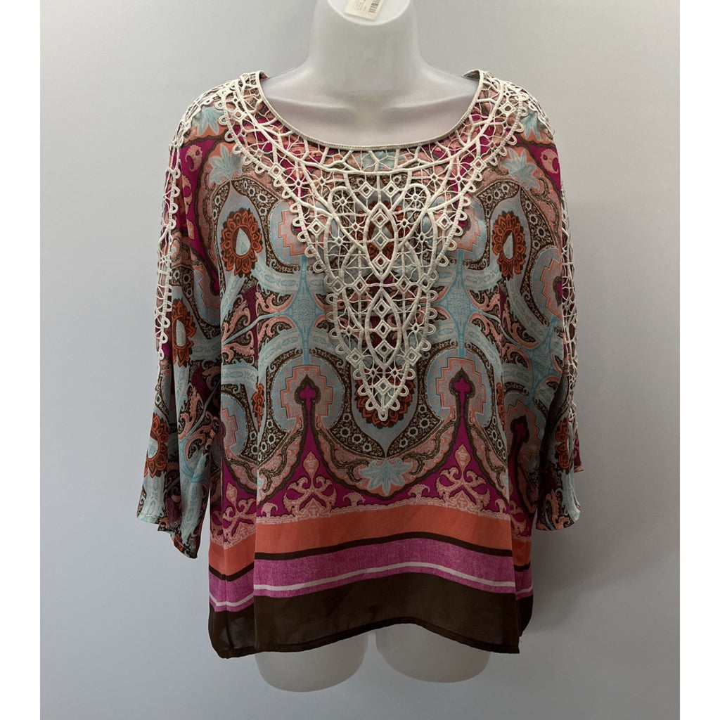 Chicos 3/4 Sleeve Safari Chic Crochet Trim Pullover Top Blouse Womens 1P
