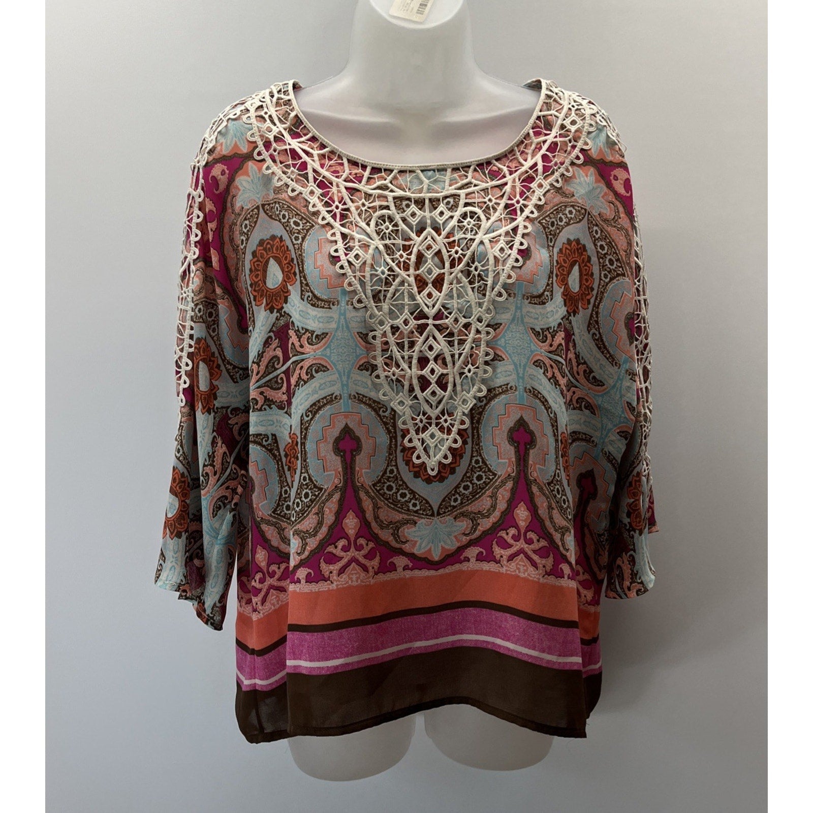 Chicos 3/4 Sleeve Safari Chic Crochet Trim Pullover Top Blouse Womens 1P