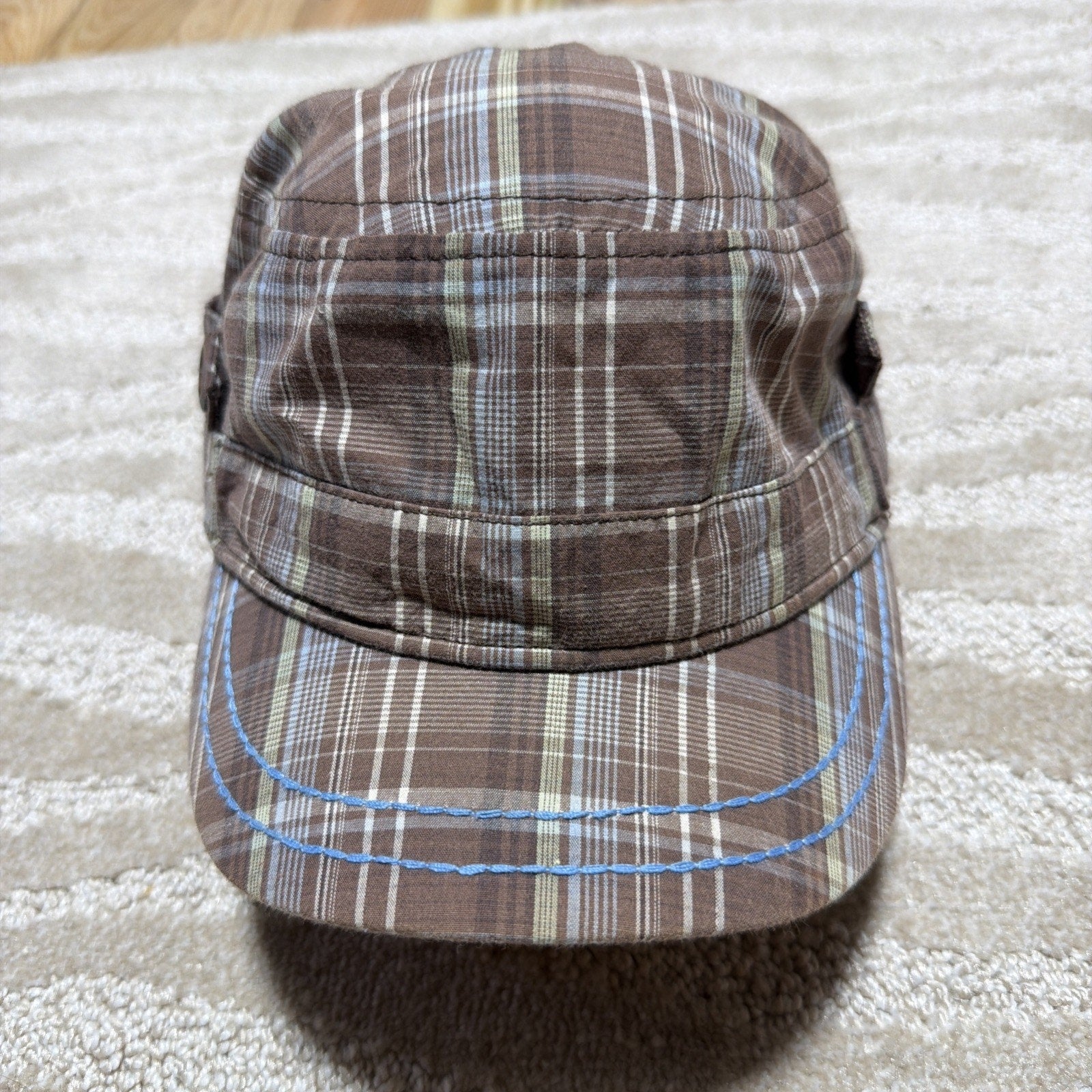 TROPICAL TRENDS Plaid Button Detail 100% Cotton Elastic Back Cap Hat One Size