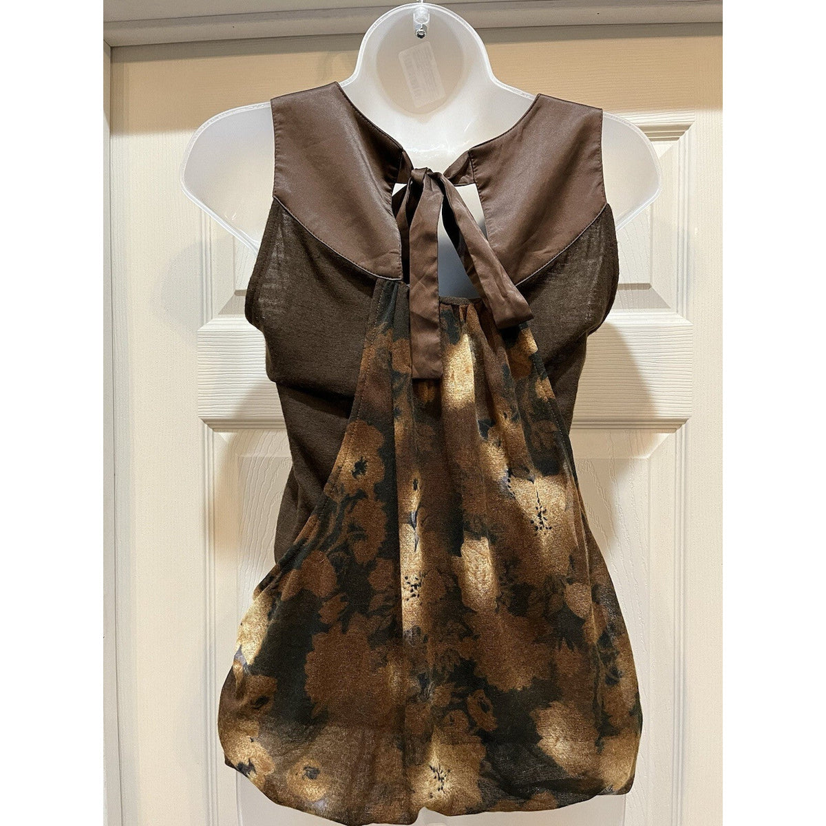 Lulumari Tank Top Womens Small Brown Sequins Front Smocking Waist Satin Blouse