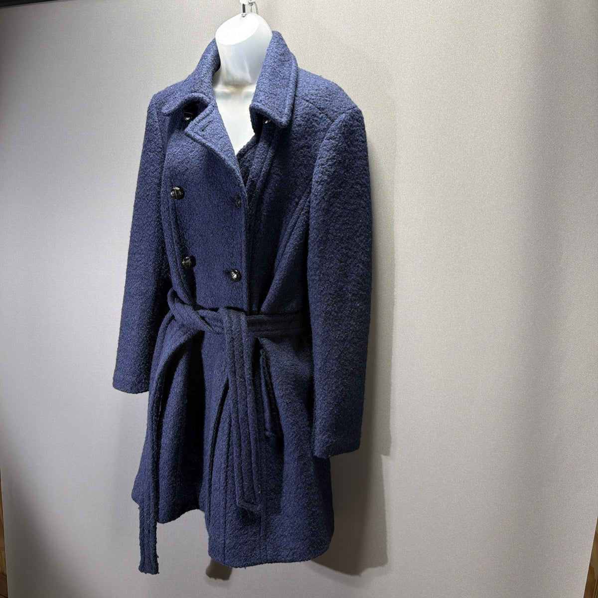 Express Coat Womens Large Blue Boucle Wool Blend Belted Double Breasted Peacoat