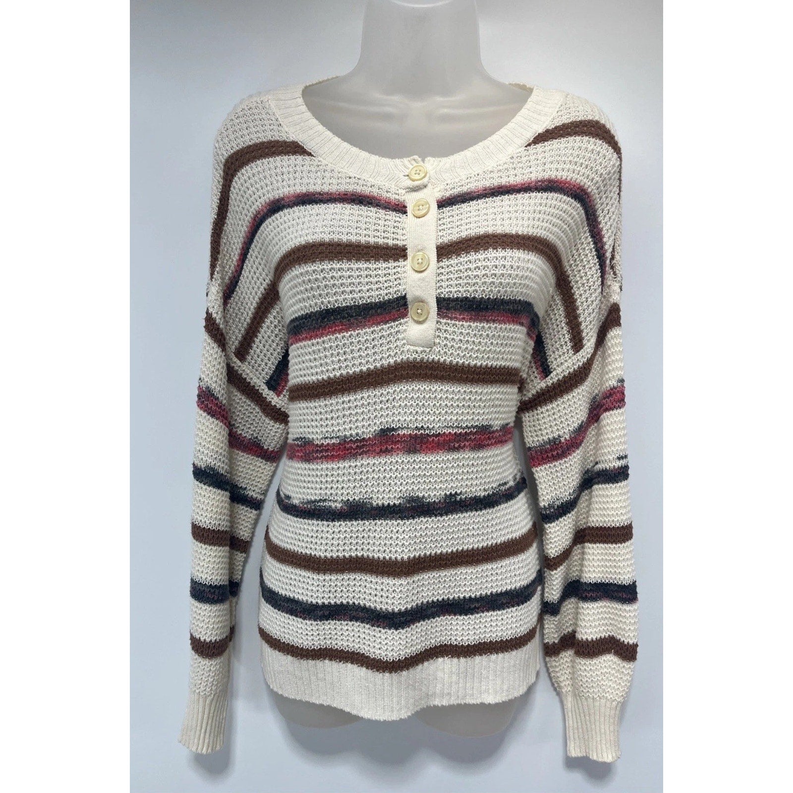 American Eagle Cream Striped Open Knit Relaxed Henley Sweater XS