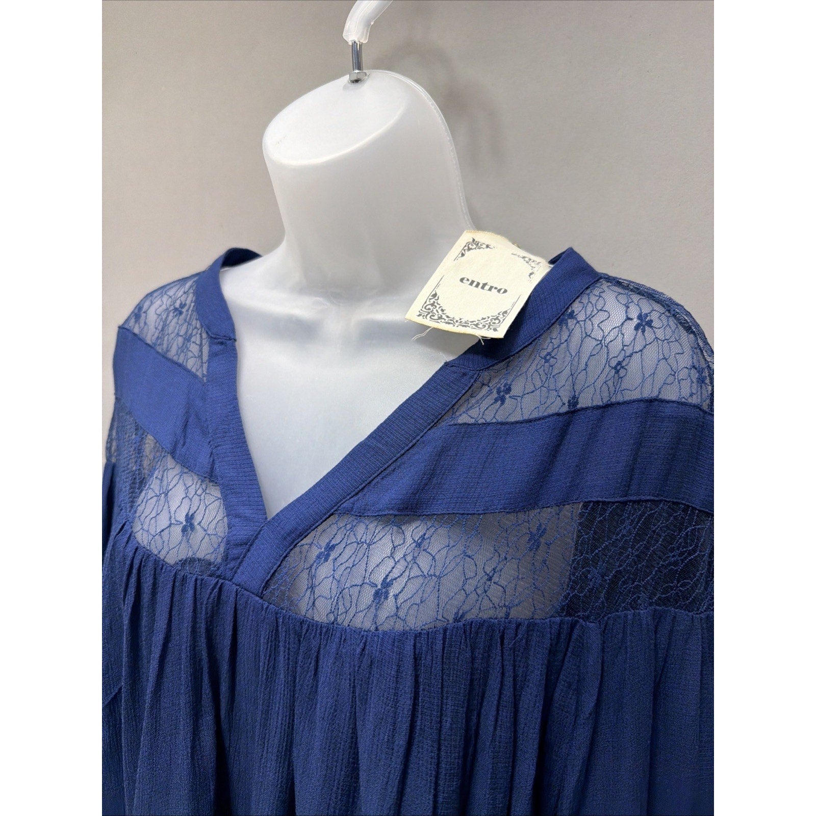 Entro Oversized Balloon Sleeve Blue Boho Lace Back Shirt Top Blouse Large