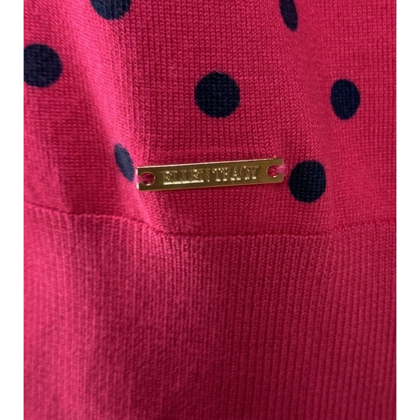 Ellen Tracy Women's Cardigan Sweater Size Large Pink Blue Polkadots 3/4 Sleeve