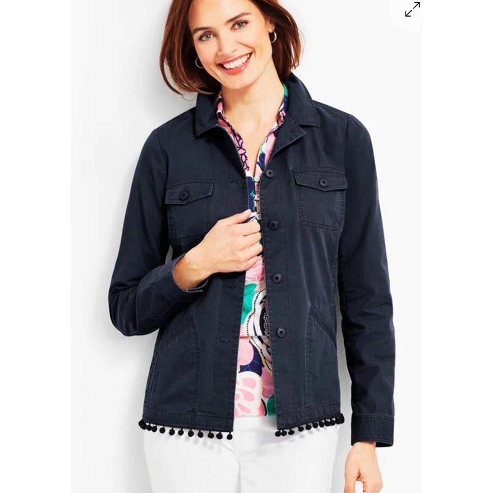 Talbots Navy Blue Pom Pom Trim Twill Cargo Jacket Size Petite M Preppy Causal