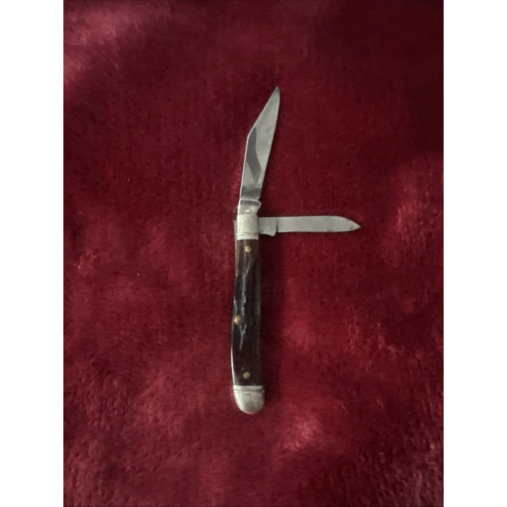 Vintage Schrade Walden NY USA 2 Blade Jack Pocket Knife Brown Jigged Handle