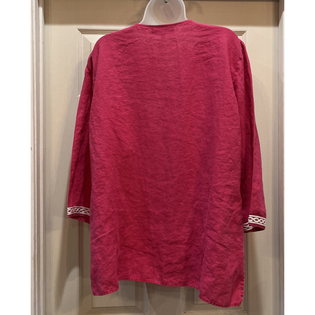 Jones New York Embroidered 100% Linen 3/4 Sleeve V Neck Blouse Pink Sz XL