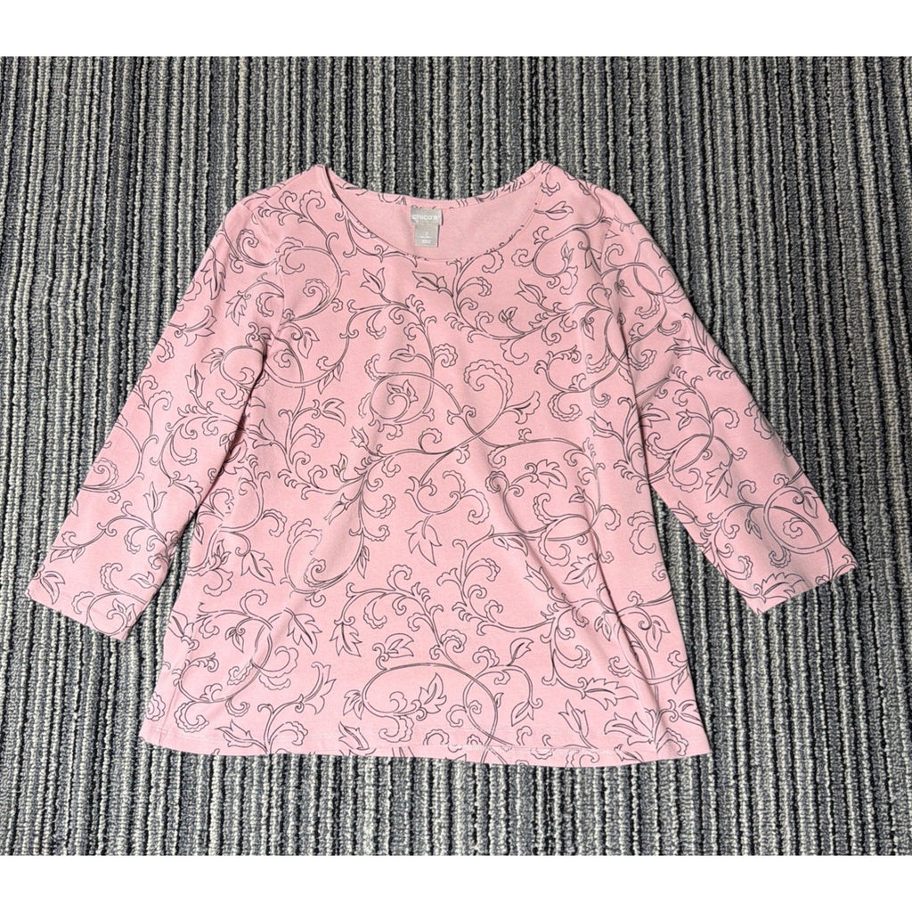 Chico's Womens Large 3/4 Sleeve Pink Paisley Damask Casual Top Stretch