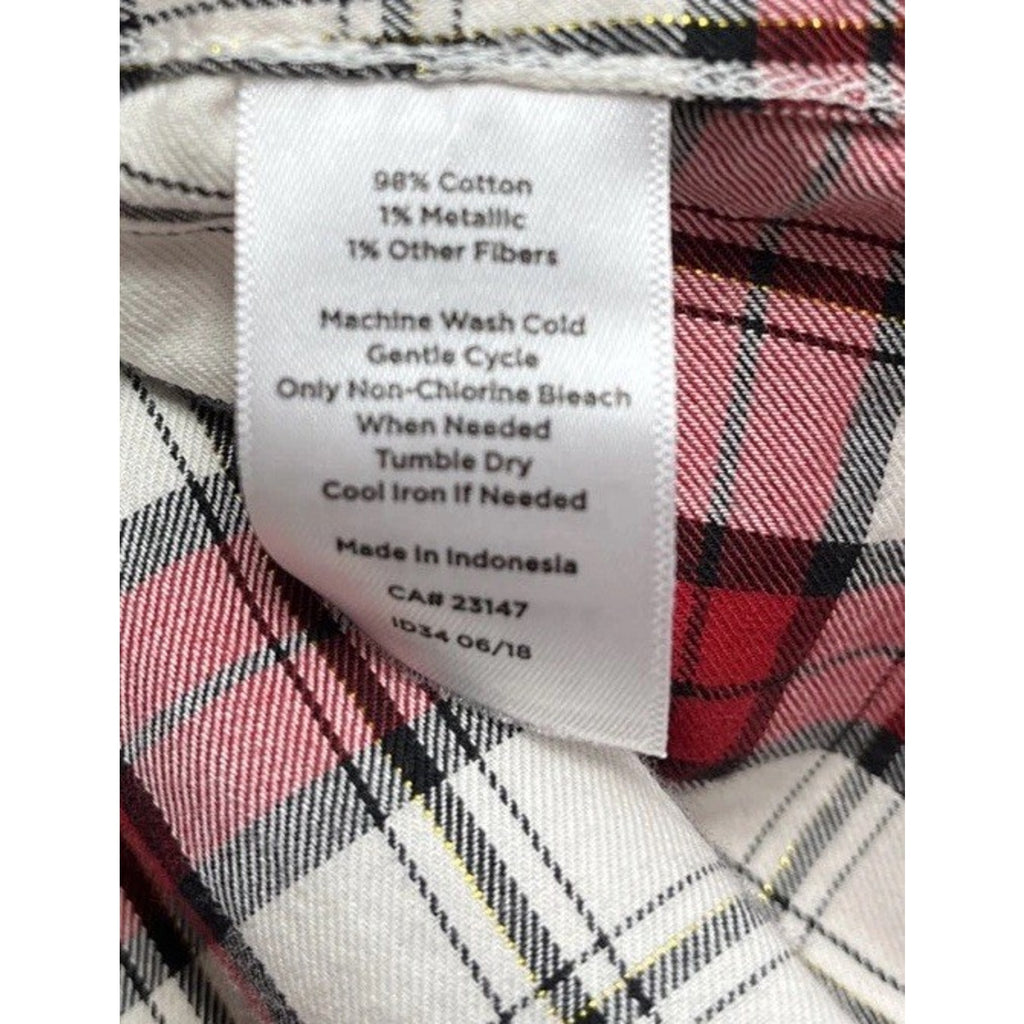 Talbots L Top Large Red White Gold Plaid Button Up Blouse Cozy Cabin Soft