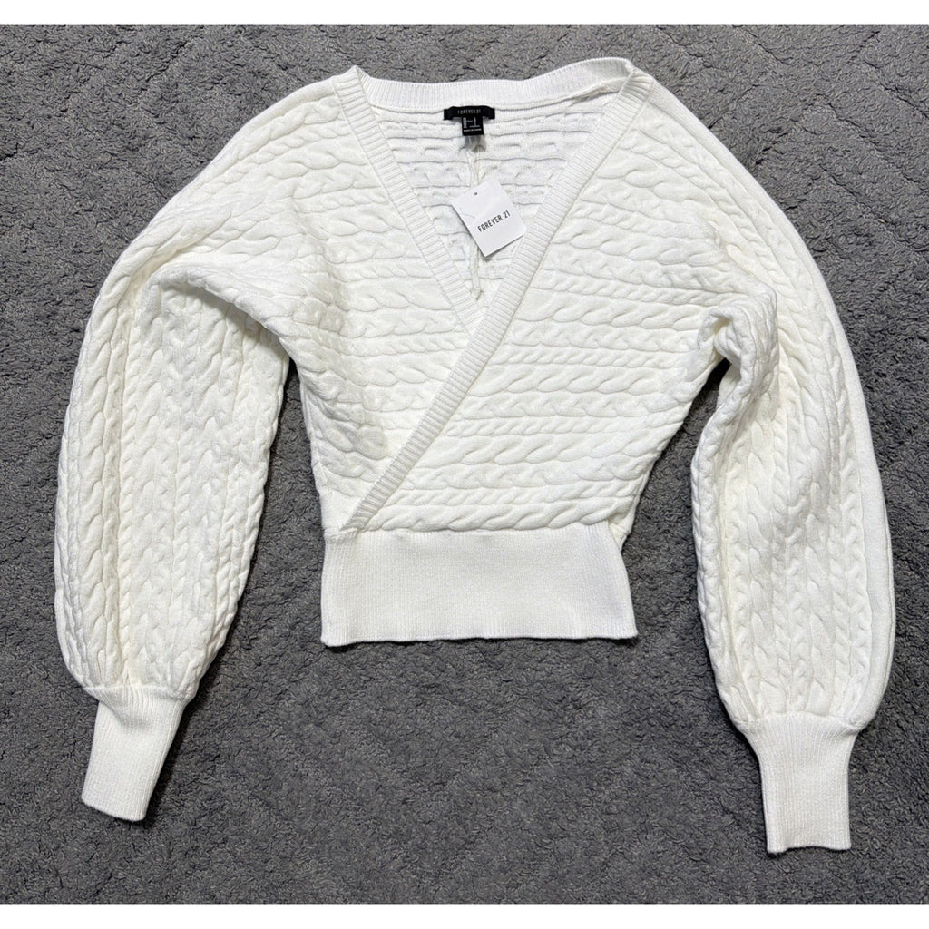NWT Forever 21 Women’s Peasant-Sleeve Surplice Cable Knit Sweater White Size L