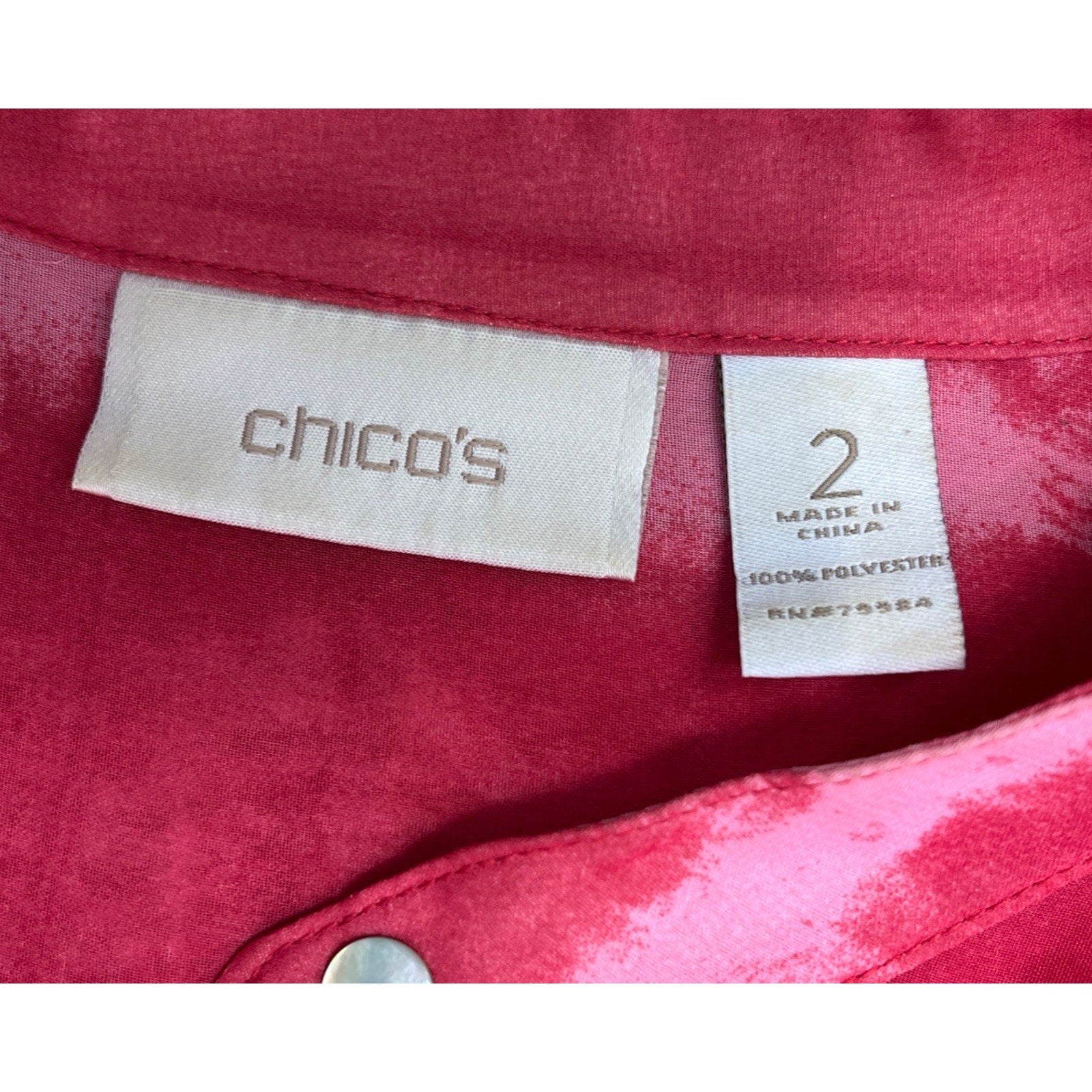 Chico's Top 2 Women's Small Pink Orange Red Sheer 3/4 Sleeve Blouse Button-Up