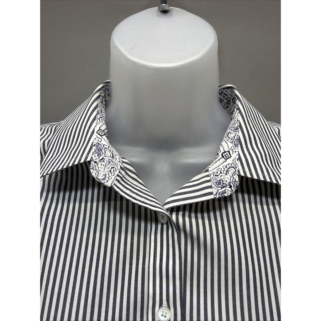 Talbots Wrinkle Resistant Striped Gray White Button Up Shirt 8 Career Preppy