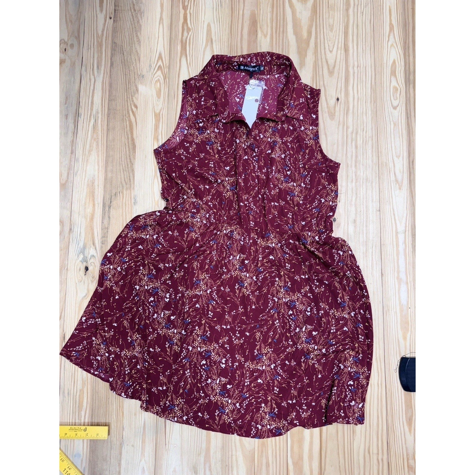 Allegra K Women's Collared Button Up Midi Floral Dress Dark Red X-Large