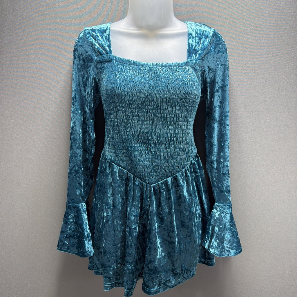New! Kori America Romper Turquoise Velvet Bell Sleeve Mermaidcore Small Stretch