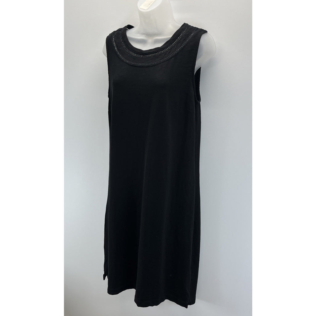 Talbots Black Slub Sleeveless Cotton Embroidered Trim Shift Dress Medium