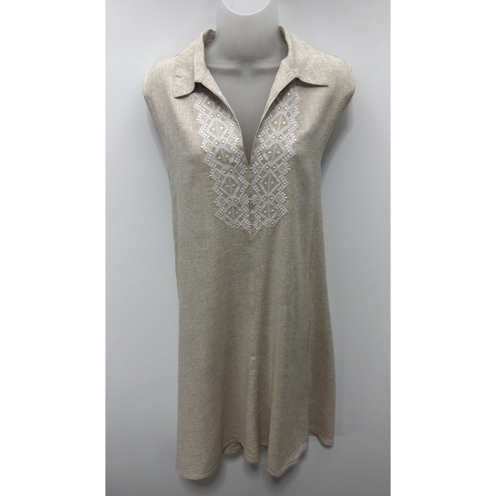 Banana Republic Biege Linen Dress Size XL Shift Midi White Embroidery