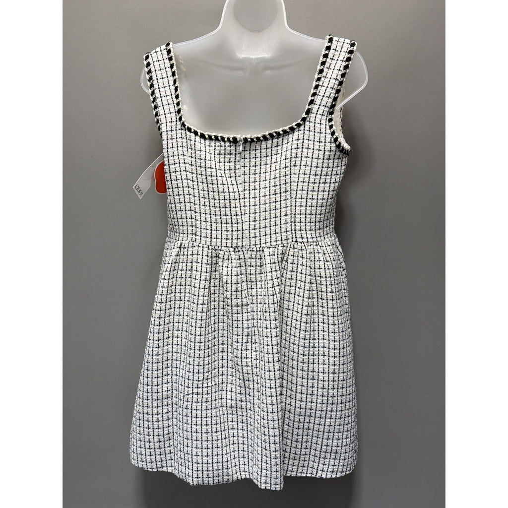 CIDER Women’s L Tweed Mini Dress Black White Plaid Square Neck Sleeveless NWT