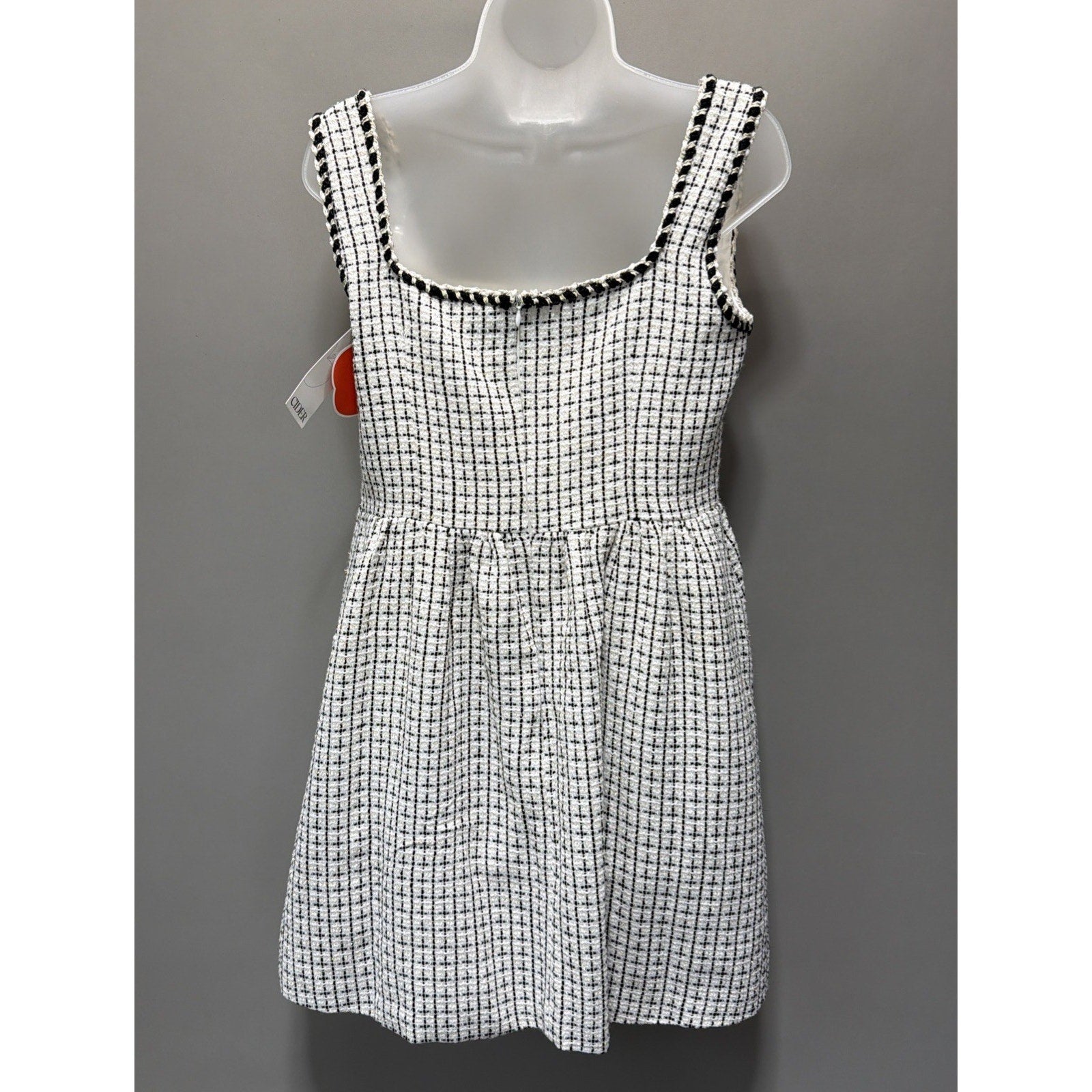 CIDER Women’s L Tweed Mini Dress Black White Plaid Square Neck Sleeveless NWT